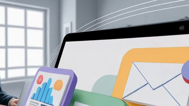 Businesswoman working on laptop displaying digital marketing application icons