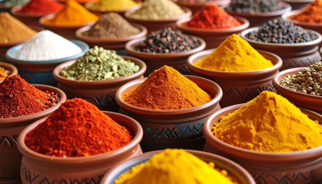 Colorful spice jars filled with various spices