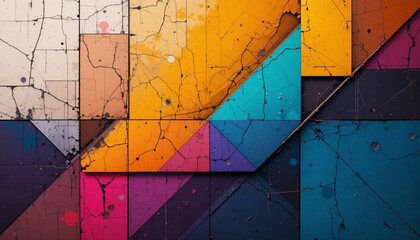 Abstract Geometric Tile Art with Vibrant Colors and Grunge Texture