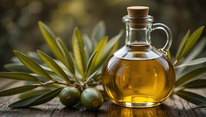 Olive Oil in Glass Bottle with Olives and Branch on Wood