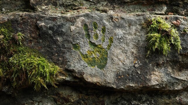 Close-up of a weathered stone with a faded green handprint, moss and lichen details