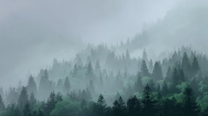 Naklejka premium Fog hangs heavy over the forest, obscuring the mountain landscape