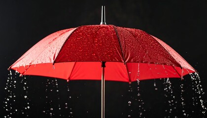 Red umbrella in rain against dark background