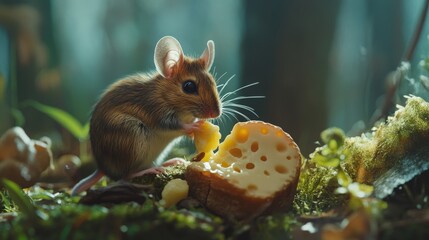 A small mouse enjoys a piece of cheese.