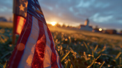 US flag at half mast in morning fog, soft cinematic light, empty field, slow motion wind, solemn tribute, realistic film style
