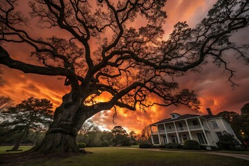 Majestic Oak Tree Silhouetted Against a Fiery Sunset Over a Historic Southern Mansion