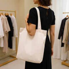 Woman entering clothes store with fabric store bag