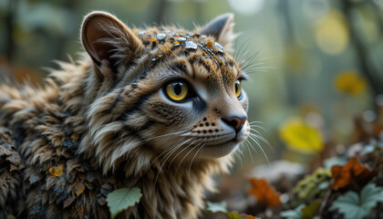 Observant Feline Portrait in Woodland Autumn Leaves Setting with Focused Gaze