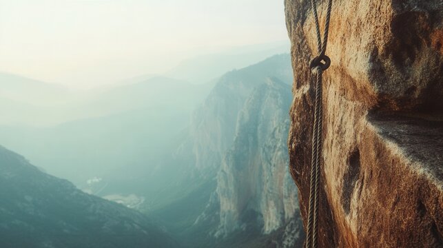 A climbing rope hangs down a rocky cliff face overlooking a misty mountain range