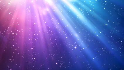 Blue and purple light beams with glittering sparkles and stars on a shimmering background, radiating magical cosmic energy.
