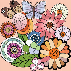 Stylized Spring Floral Collage Pink, Orange, Purple Flowers, Butterfly, Swirls