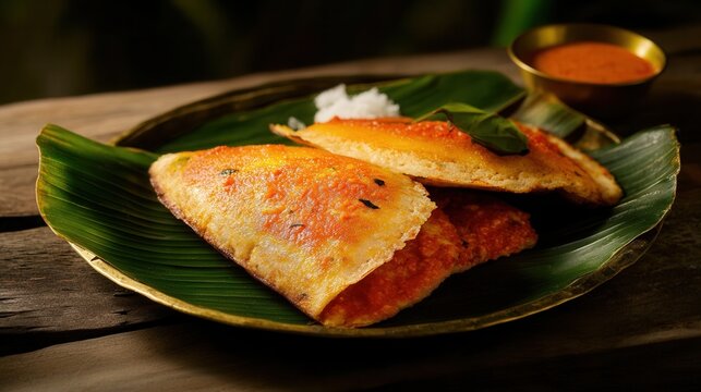 Appam, a south indian pancake, is served with chutney on a banana leaf