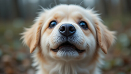 Close-up of a Cute Blond Puppy Looking Up with Big Eyes