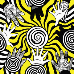 Abstract Art Collage Vibrant Yellow Background with Black and White Hands and Spirals