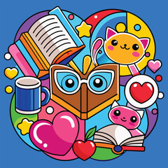 Vibrant Bookish Collage Cats, Hearts, and Geometric Shapes in Pink, Blue, Orange, Yellow, and Red