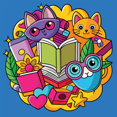 Vibrant Cartoon Cats, Books, Flowers & Geometric Shapes Collage