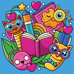 Vibrant Collage of Cats, Books, and Stationery A Whimsical Illustration