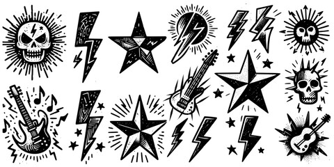 Monochrome Rock Aesthetics, , Monochrome illustrations highlighting rock’s iconic elements
