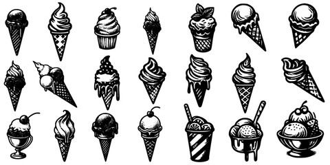 Frosted Fantasies in Ink, A playful collection of inked ice cream cones and bowls
