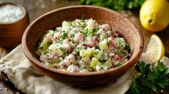 A bowl of fresh octopus ceviche is served with lemon and parsley