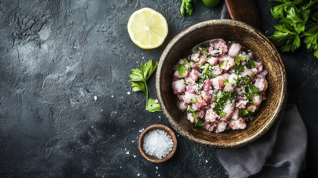 Fresh octopus ceviche is served with lemon and salt on a dark background