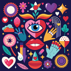 Vibrant Collage Hearts, Flowers, Hands, Eyes, and Lips on Dark Blue