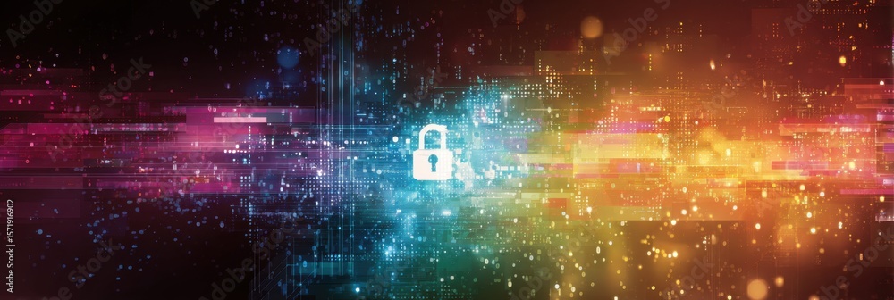Poster a futuristic abstract background with digital elements and padlock symbols, representing the concept