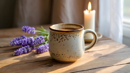 Warm Herbal Tea in Speckled Ceramic Mug on Wooden Table
