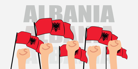 hand with flag of the Albania or Albania independence day vector illustration of Albania flag with gray background banner or greeting card