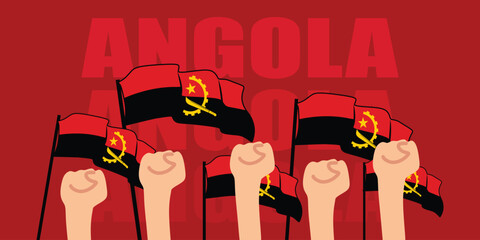 hand with flag of the Angola or Angola independence day vector illustration of Angola flag with red background banner or greeting card