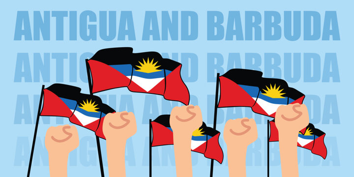 hand with flag of the Antigua and Barbuda or Antigua and Barbuda independence day vector illustration of Antigua and Barbuda flag with blue background banner or greeting card