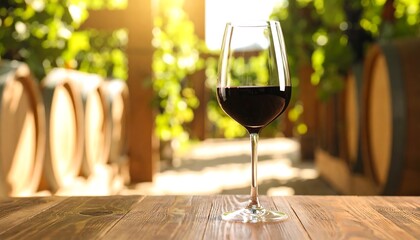Red wine glass on wooden table, vineyard background