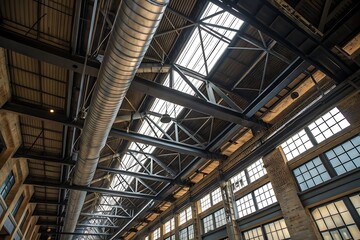 Industrial Building Interior with Exposed Metal Beams, Skylights, and Large Windows