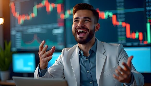 A cheerful trader in a business setting rejoices while monitoring real-time financial charts with green and red candlesticks on digital displays.