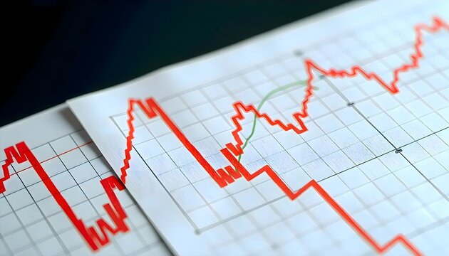 Close-up of a financial chart with a red trend line indicating stock market movement, analysis, decline or volatility in economic data visualization - Powered by Adobe