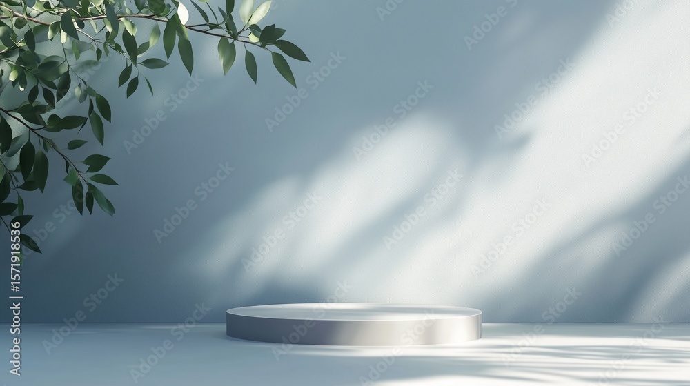 Poster minimalist display platform with soft light and leafy shadows creating a serene atmosphere
