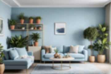 Blurry photo of modern living room interior with sofa and small plant pot, light blue color theme, blurry wallpaper.