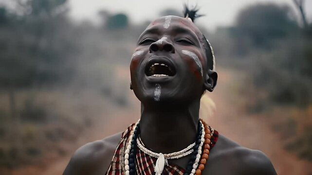 Close Up of an African Tribal Man with White Face Paint and Beaded Necklaces in Traditional Attire Outdoor With Blurry