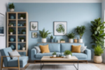 Blurry photo of modern living room interior with sofa and small plant pot, light blue color theme, blurry wallpaper.