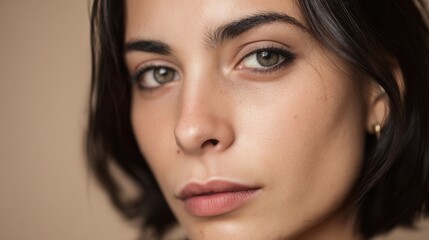 Obraz premium A young brunette woman poses for a closeup portrait in the studio