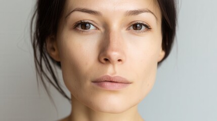 Naklejka premium A beautiful brunette woman poses for a closeup portrait in the studio