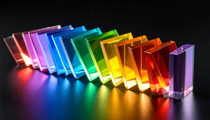 Colorful, translucent rectangular prisms arranged in a domino pattern, casting vibrant rainbow reflections