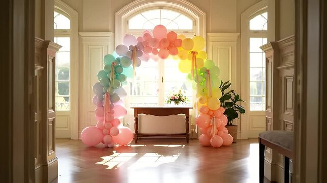 Pastel Balloons Archway Frames Antique Wooden Table Sunny Hallway Parquet Floor