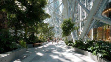 Unique indoor garden pathway filled with greenery and visitors in a modern architectural space in the heart of the city