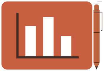 Bar chart with three vertical bars on an orange background next to a pen, symbolizing analysis, productivity, and reporting. Ideal for business, finance, education, planning, marketing progress