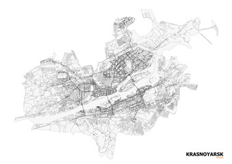 Fototapeta premium A monochrome vector map of Krasnoyarsk, highlighting highways