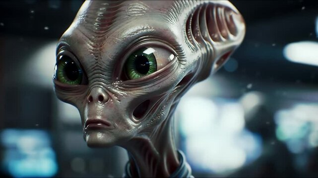 Intense Close up of a Grey Alien Face with Large Green Eyes in Soft Lighting with Technological Backdrop with Clean