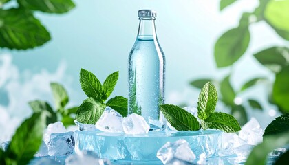 Refreshing bubbly beverage with mint and ice