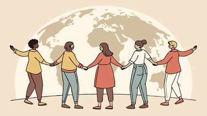 Diverse Group Holding Hands Around Globe Illustrating Global Unity, Community, Peace, and Cooperation