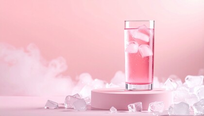 Pink lemonade atop podium amidst ice
